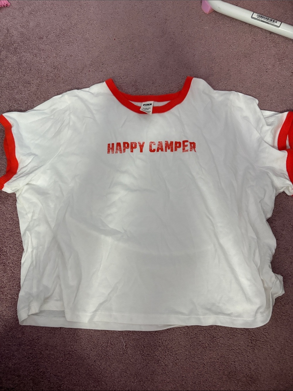 PINK Victoria's Secret White & Red 'Happy Camper' Ringer Tee